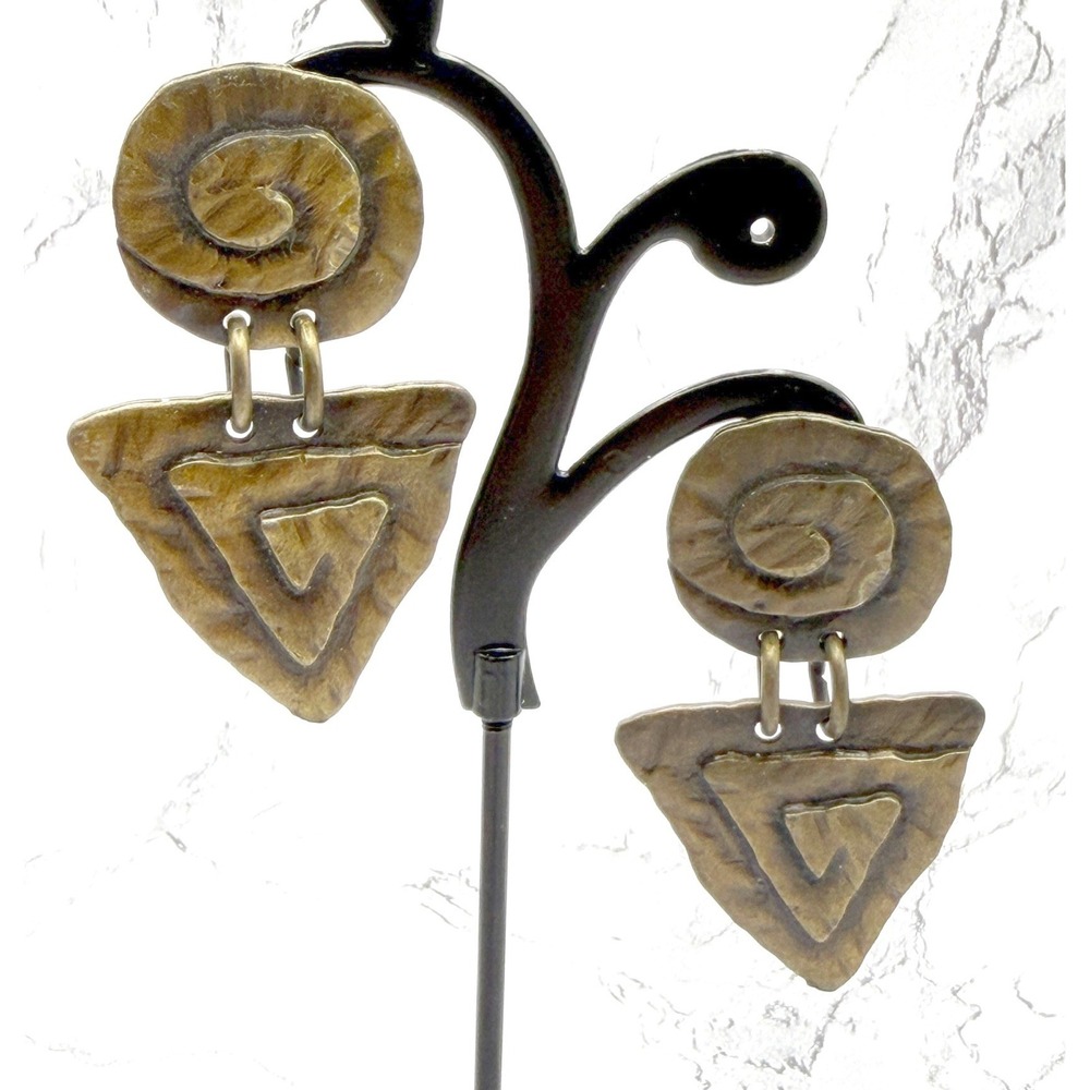 Vintage JJ Jonette Earrings Brass Spiral Triangle Dangle Pierced 2.25"